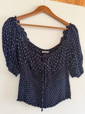 Reformation Navy Blue Polka Dot Smocked Peasant Blouse